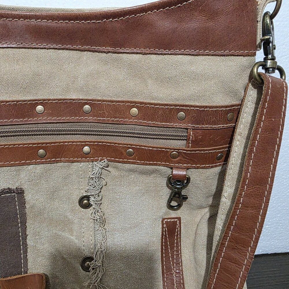 Myra Country Charm Upcycled Canvas & Leather Beige Brown Shoulder Crossbody Bag - Picture 2 of 12